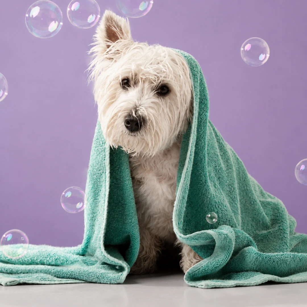A white West Highland Terrier dog wrapped in a teal towel sits against a purple background with bubbles floating around it.